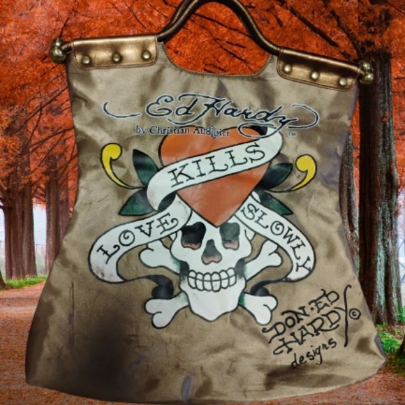 Ed Hardy Handbags - Ed Hardy Brown Tote with Skull Design and Stud Details